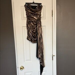 Strapless Metallic Bronze Draped Dress